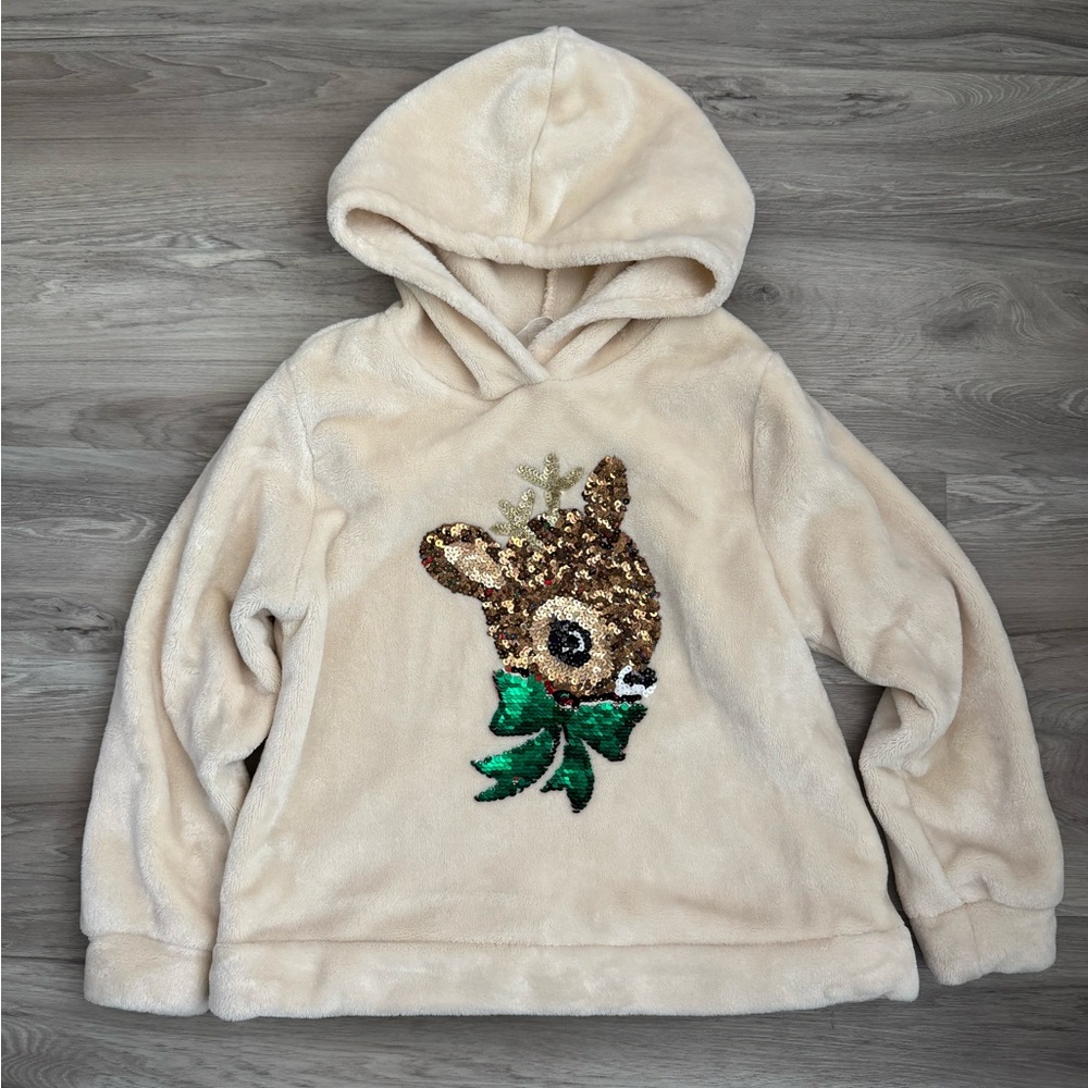 H&M Faux Fur Sequin Reindeer Pullover Hoodie